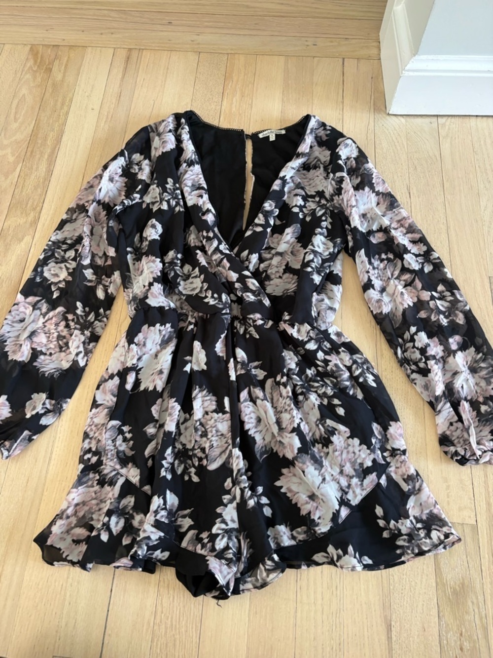 Charlotte Russe Black Floral Long Sleeve Romper with Blush Flowers